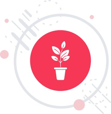 Esrar ikonundaki beyaz bitki uzun arka planda izole edilmiş. Tencereyle birlikte saksıda bitki. Saksı bitkisi işareti. Kırmızı daire düğmesi. vektör.