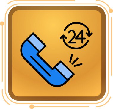 Mavi çizgi 25 saat hizmet simgesi beyaz arkaplanda izole edildi. Bütün gün. c simgesi. 24 saat hizmet sembolü. sarı kare düğmesi