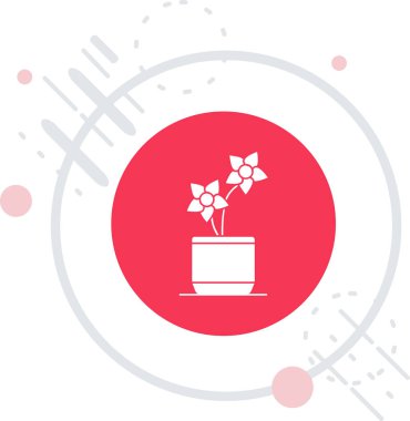 Uzun gölgeli tencere simgesinde beyaz bitki. Saksıda yetişen bitki. Saksı bitkisi işareti. Kırmızı daire düğmesi. vektör