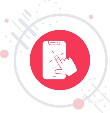 Beyaz çizgili el, uzun gölgeli bir cep telefonu simgesi tutuyor. dokunmatik ekran Dokunmatik ekranda dokunmatik ekran. Kırmızı daire düğmesi. vektör illüstrasyonu