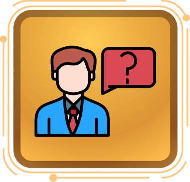 Soru işareti ve konuşma balonu simgesine sahip iş adamı