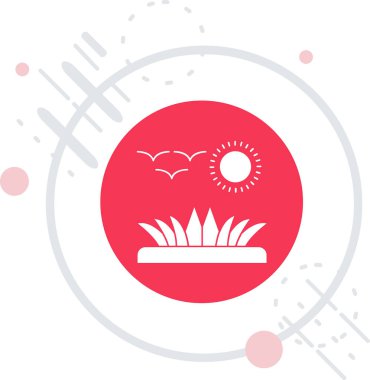 Güneş ikonuna sahip beyaz çiçek uzun bir arkaplanda izole edilmiş. Kırmızı daire düğmesi. vektör illüstrasyonu