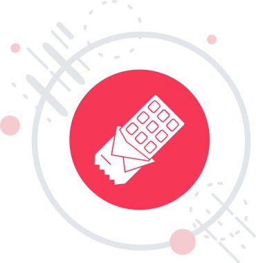 Karton kutu ikonundaki beyaz çizgi patlamış mısır uzun gölge arkaplanı ile izole edilmiş. Patlamış mısır kutusu. Kırmızı daire düğmesi. vektör