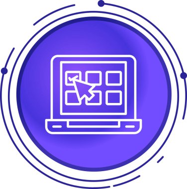 Beyaz arkaplanda grafik simgesi olan çizgi bilgisayar monitörü. Planlama, dosyalama, muhasebe, planlama. Denetim, yatırım. Renkli özet kavramı.