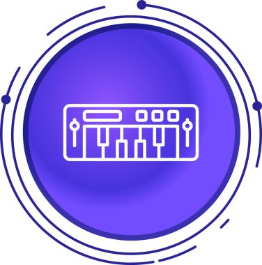 Beyaz çizgi sentezleyici simgesi uzun gölge arkaplanı ile izole edildi. Elektronik piyano. Mavi daire düğmesi. vektör illüstrasyonu