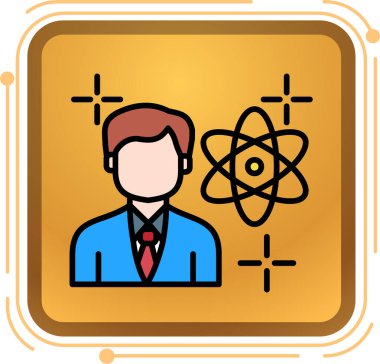 Düz bir şekilde atom simgesi olan bir adamın vektör çizimi