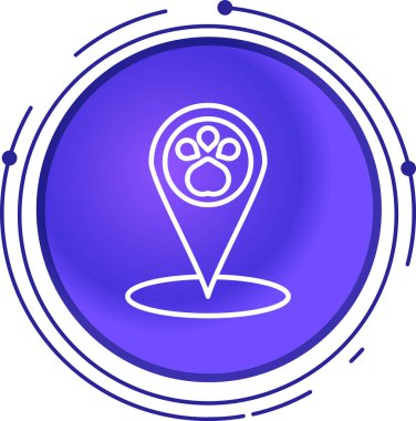 Beyaz zemin üzerinde hayvan simgesi olan siyah çizgi haritası işaretçisi. Mavi daire düğmesi. vektör.