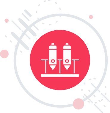 Laboratuar test simgesiyle izole edilmiş beyaz test tüpü ve matara. Laboratuvar cam levhası. Kırmızı daire düğmesi. vektör