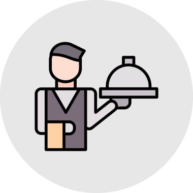 Pizza ve tabak vektörü çizimi olan garson.