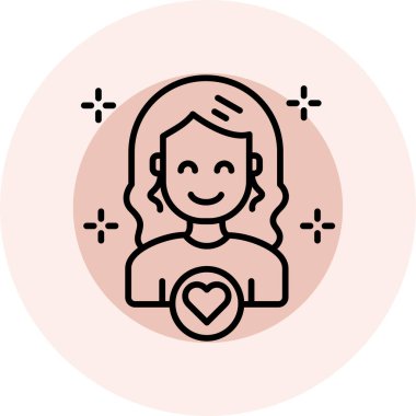 Beyaz arka planda izole edilmiş, içinde kalp olan çizgi kadın yüzü. Yüz ifadesi. Mutlu kadın ve mutlu kız. Renkli taslak konsepti. vektör.