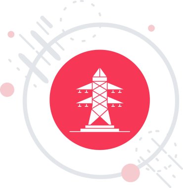 Beyaz çizgi rüzgar türbini ikonu uzun gölgeli izole edilmiş. Rüzgar jeneratörü işareti. Elektrik üretimi için yel değirmeni. Kırmızı daire düğmesi. Vektör İllüstrasyonu