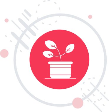 Beyaz arkaplanda izole edilmiş çömlek simgesindeki kırmızı bitki. Saksıda yetişen bir bitki. Saksı bitkisi işareti. Soyut çember rastgele noktalar. vektör illüstrasyonu