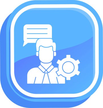 Beyaz arka planda akıllı telefonu ve mavi konuşma baloncuğu olan bir adamın vektör çizimi