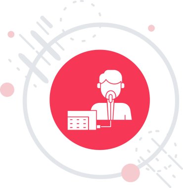 Akıllı telefonlu beyaz çizgi insan, akıllı ev ikonu ve uzun gölgesi var. Uzaktan kumanda. Kırmızı daire düğmesi. vektör.