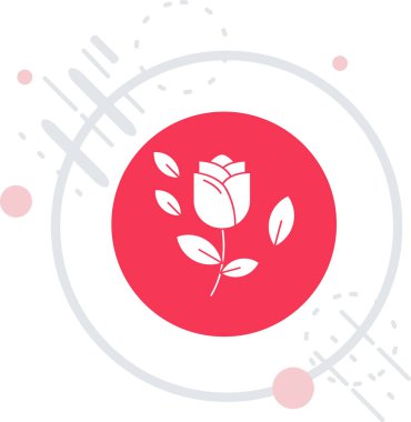 Uzun gölgeli bir çömlek ikonunda beyaz çizgi çiçeği. Saksıda yetişen bir bitki. Saksı bitkisi işareti. Kırmızı daire düğmesi. vektör illüstrasyonu