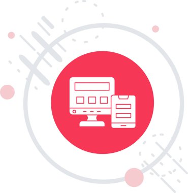 Beyaz arkaplanda beyaz bilgisayar monitörü simgesi izole edildi. Bilgisayar bileşeni. Kırmızı daire düğmesi. vektör