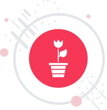 Esrar ikonundaki beyaz çiçek uzun gölge arkaplanı ile izole edilmiş. Saksıda yetişen bir bitki. Saksı bitkisi işareti. Kırmızı daire düğmesi. vektör.