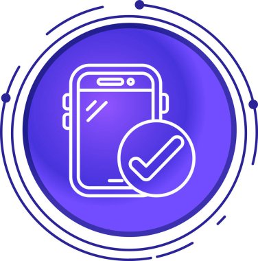 Beyaz arkaplanda işaretleme simgesi olan beyaz çizgi akıllı telefon. Kontrol listesi olan şeylerin interneti. Mavi daire düğmesi. vektör illüstrasyonu.