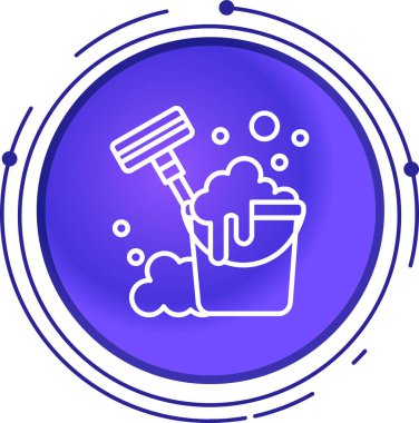 Beyaz arka planda temizleme servisi ve süpürge ikonu olan mavi ve kırmızı çizgi kovası. Temizlik hizmeti konsepti. Renkli taslak konsepti. vektör illüstrasyonu