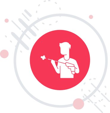 Parkta beyaz arka planda izole edilmiş bir kürek ikonu olan çizgi adamı. Renkli taslak konsepti. vektör.