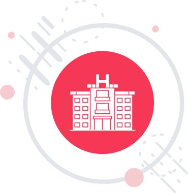 Uzun gölgeli beyaz çizgi okul binası simgesi izole edildi. Kırmızı daire düğmesi. vektör illüstrasyonu