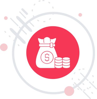 Beyaz çizgi para çantası ve dolar simgesi uzun gölgeli izole edilmiş. Para çantası sembolü. Nakit bankacılık tabelası. Kırmızı daire düğmesi. vektör illüstrasyonu