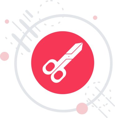 Yuvarlak şekilli, uzun gölgeli beyaz çizgi makasları. Kuaför tabelası. Terzi aleti sembolü. Kırmızı daire düğmesi. vektör illüstrasyonu