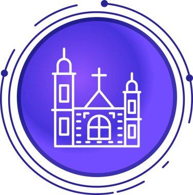 Uzun gölgeli beyaz kilise binası ikonu. Hıristiyan sembolü. Kilise dini. Soyut daire düğmesi. vektör illüstrasyonu
