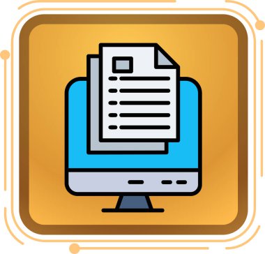 Belge simgesi olan bilgisayar. Web için kağıt belge simgelerine sahip bilgisayarın basit illüstrasyonuName