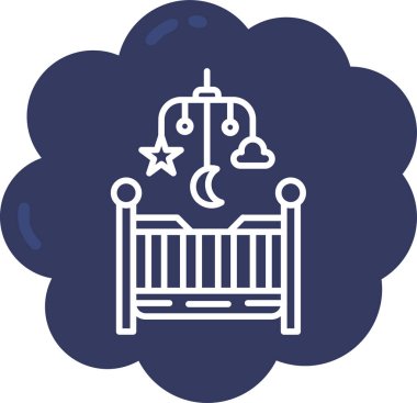 Bebeği olan bebek beşiği, emzik. Yeni doğan bebek beşiği ikonu. Bebek oyuncağıyla doğrusal tasarım