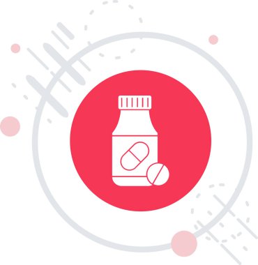 Kırmızı çizgi ilaç şişesi simgesi beyaz arkaplanda izole edilmiş. Şişe hapı işareti. Eczane tasarımı. Soyut çember rastgele noktalar. vektör illüstrasyonu