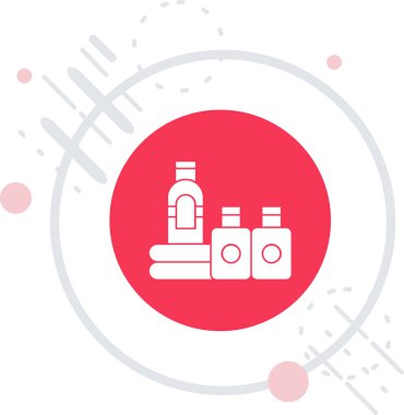 Üzerinde haplar ve uzun gölgeli tablet simgesi olan beyaz çizgi şişesi. İlaç için eczane konteynırı. Eczane. Kırmızı daire düğmesi. vektör illüstrasyonu