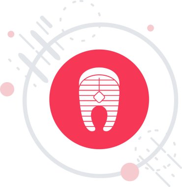 Uzun gölgeli beyaz çizgi diş ikonu. Diş hekimi ve dişçi kliniği için diş sembolü. Dişçi merkezi tabelası. Kırmızı daire düğmesi. vektör.