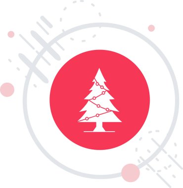 Beyaz Noel ağacı ikonu, gölgeli arka planda izole edilmiş. Yılbaşı ve yeni yıl. Kırmızı daire düğmesi. vektör illüstrasyonu