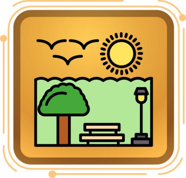 Ağaçlı ve güneş ikonlu harita, vektör illüstrasyonu