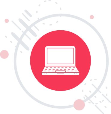 Akıllı teknoloji simgesine sahip beyaz çizgi bilgisayar monitörü uzun gölgeli izole edilmiş. Uzaktan kumandalı pc ekran. Kırmızı daire düğmesi. vektör.