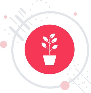 Esrar ikonundaki beyaz bitki saksısı uzun bir arkaplan ile izole edilmiş. Saksıda yetişen bitkiler. Saksı bitkisi işareti. Kırmızı daire düğmesi. vektör illüstrasyonu