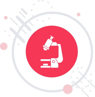 Uzun gölgeli beyaz mikroskop simgesi. Laboratuvar, ilaç, kimya, mikrobiyoloji büyüteç. Çember düğmesi. vektör