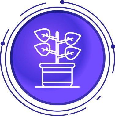 Beyaz arkaplanda yaprak simgesi olan siyah çizgi bitkisi. Saksı tabelasında yetişen bitki. Saksı bitkisi işareti. Mavi daire düğmesi. vektör