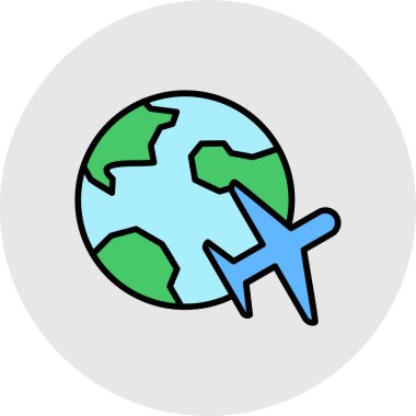 Uçak ikonlu dünya. Web için gezegen vektör simgelerinin özet çizimi