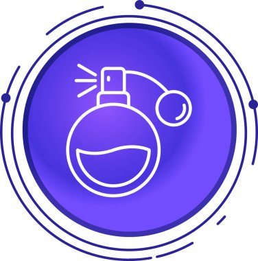 Beyaz zemin üzerinde iksir ikonu olan siyah çizgi şişesi. Sihirli iksirli matara. Cadılar bayramı partin kutlu olsun. Mavi daire düğmesi. vektör.