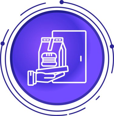 Beyaz zemin üzerinde karton kutu simgesi olan mavi çizgi karton kutu. Paket kutusu, ambalaj ve paket işareti. Ulaşım, kargo. mavi daire düğmesi