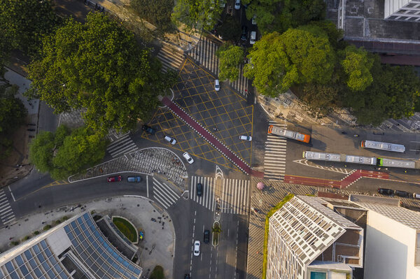 Intersection in downtown Sao Paulo, seen from above, Brazil