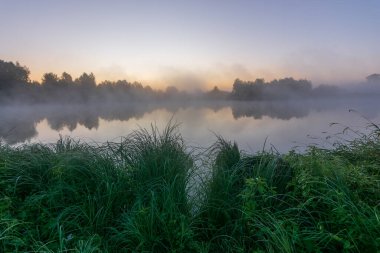 Nehirde gün doğumu sisli