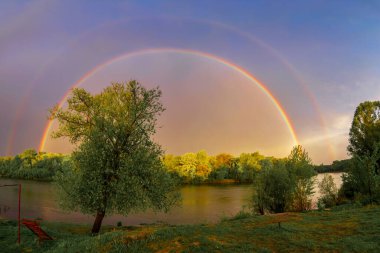 Güzel bir yaz manzarasında nehrin üzerinde gökkuşağı