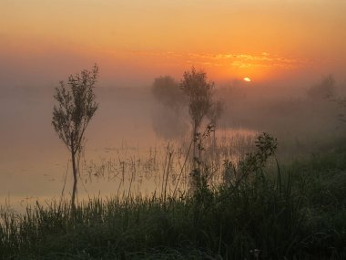 Yaz sabahının erken saatlerinde gölün üzerinde gün doğumu