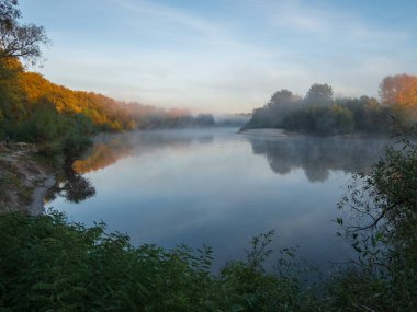 sunrise in the forest with the trees and the river