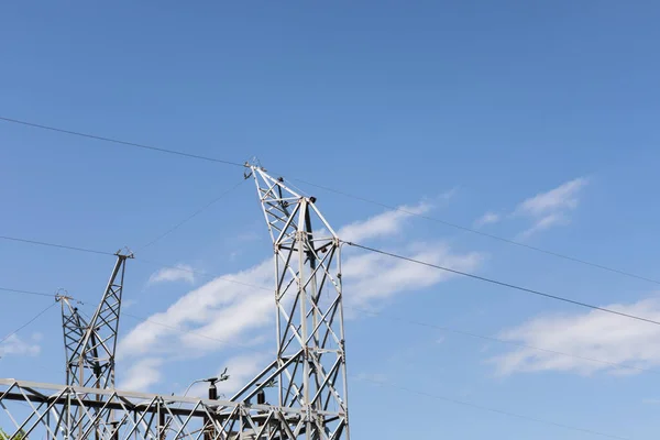 Trusses Wires Power Transfer Station Clear Blue Sky Horizontal Aspect — Stock Photo, Image