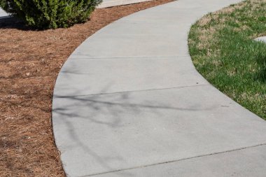 Çimen ve çam samanlarıyla çevrili beton yürüyüş yolu, yürüme teması için yaratıcı kopya alanı, yatay görünüm