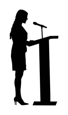 Podyum vektör siluet illüstrasyon beyaz izole ayakta Kamu hoparlör. Politikacı kadın açılış toplantısı töreni olay. İş kadını halkla konuşuyor. Mikrofonda konuşma.